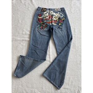 ED HARDY Multi Tattoo Low Waist Baggy Jeans Women's Size 30 Painted Logo Koi